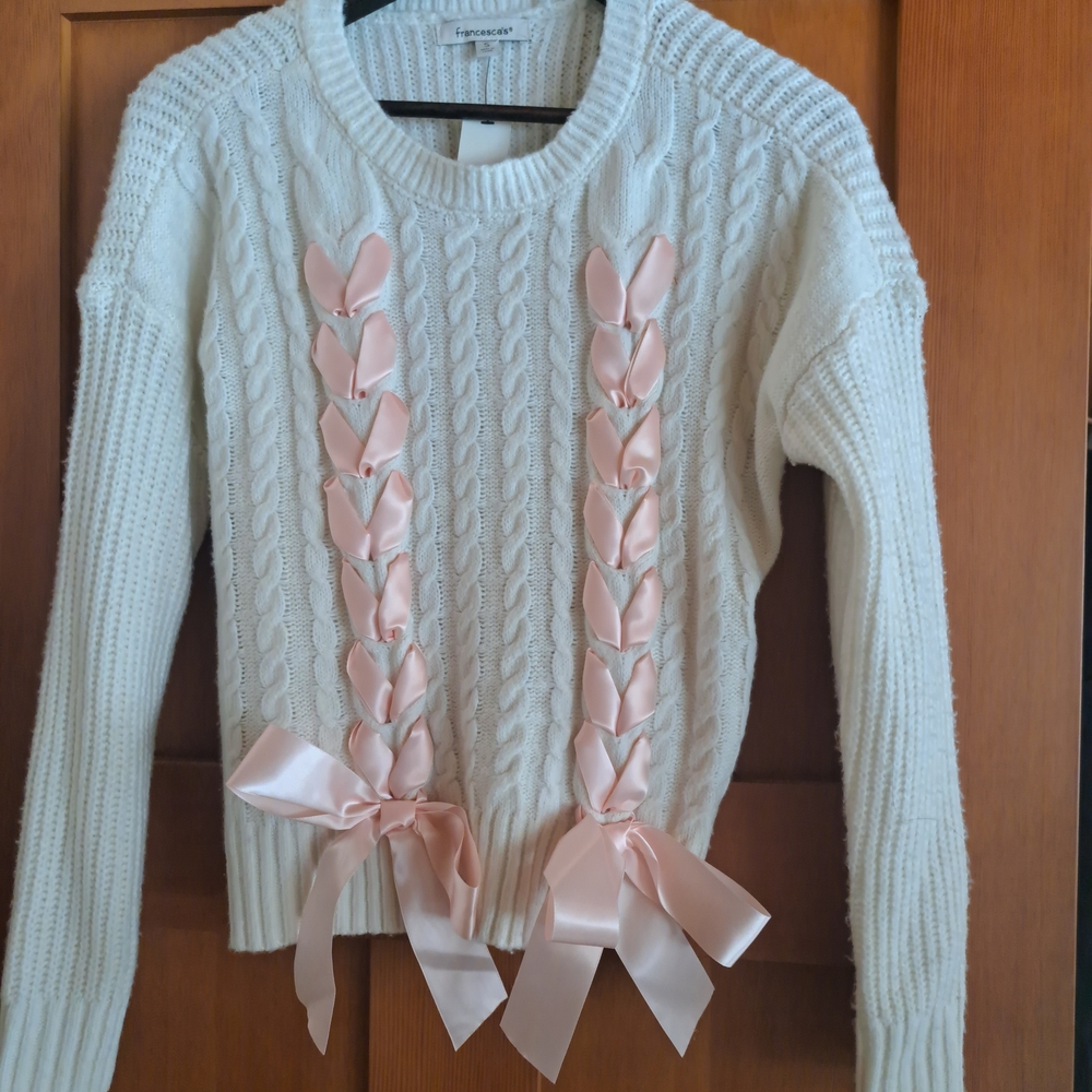 NWT Francesca's Collections Cream Cable Knit Sweater with Pink Ribbon Braid